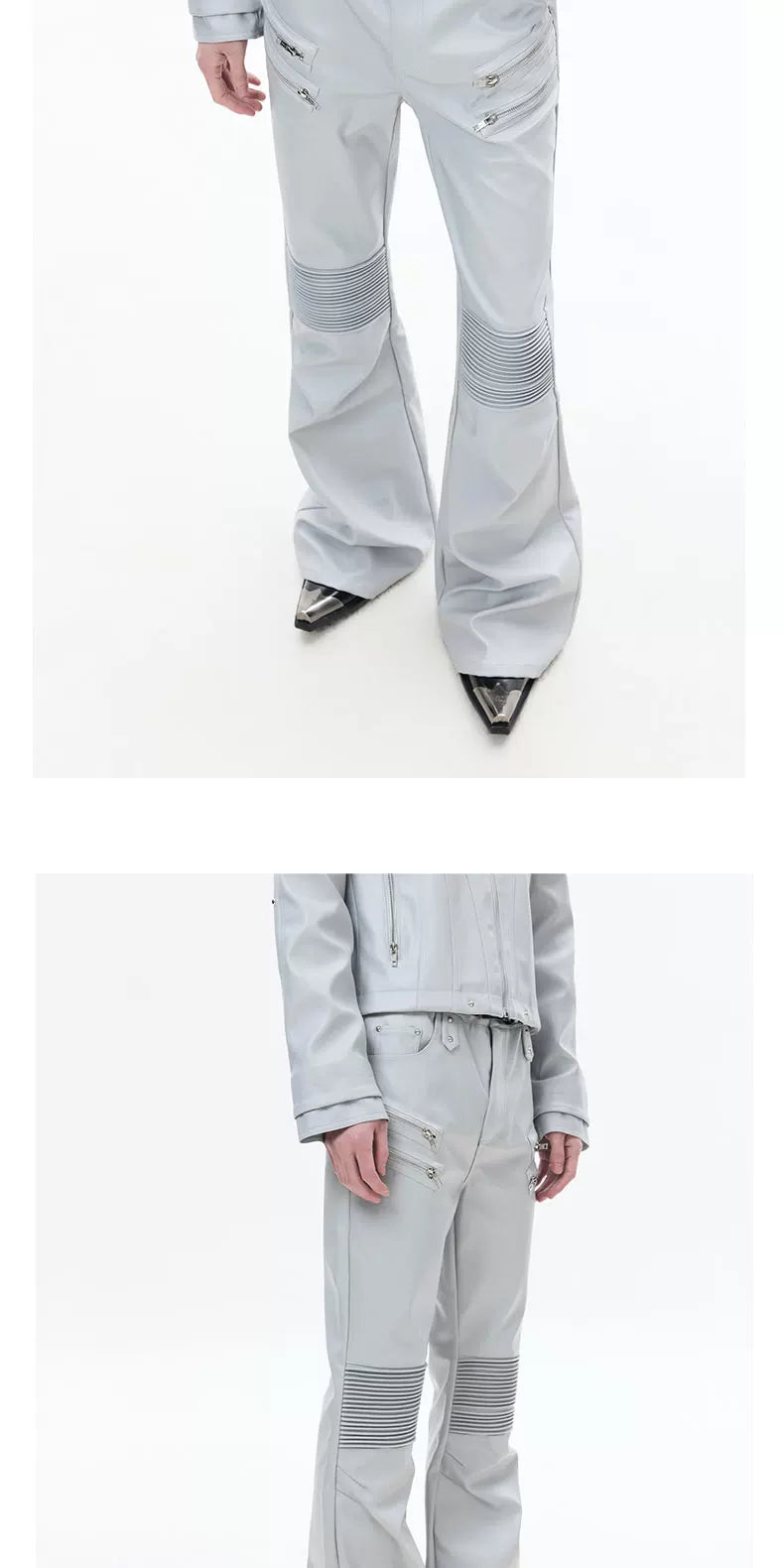 Multi-Zip Coated Moto Leather Flare Pants