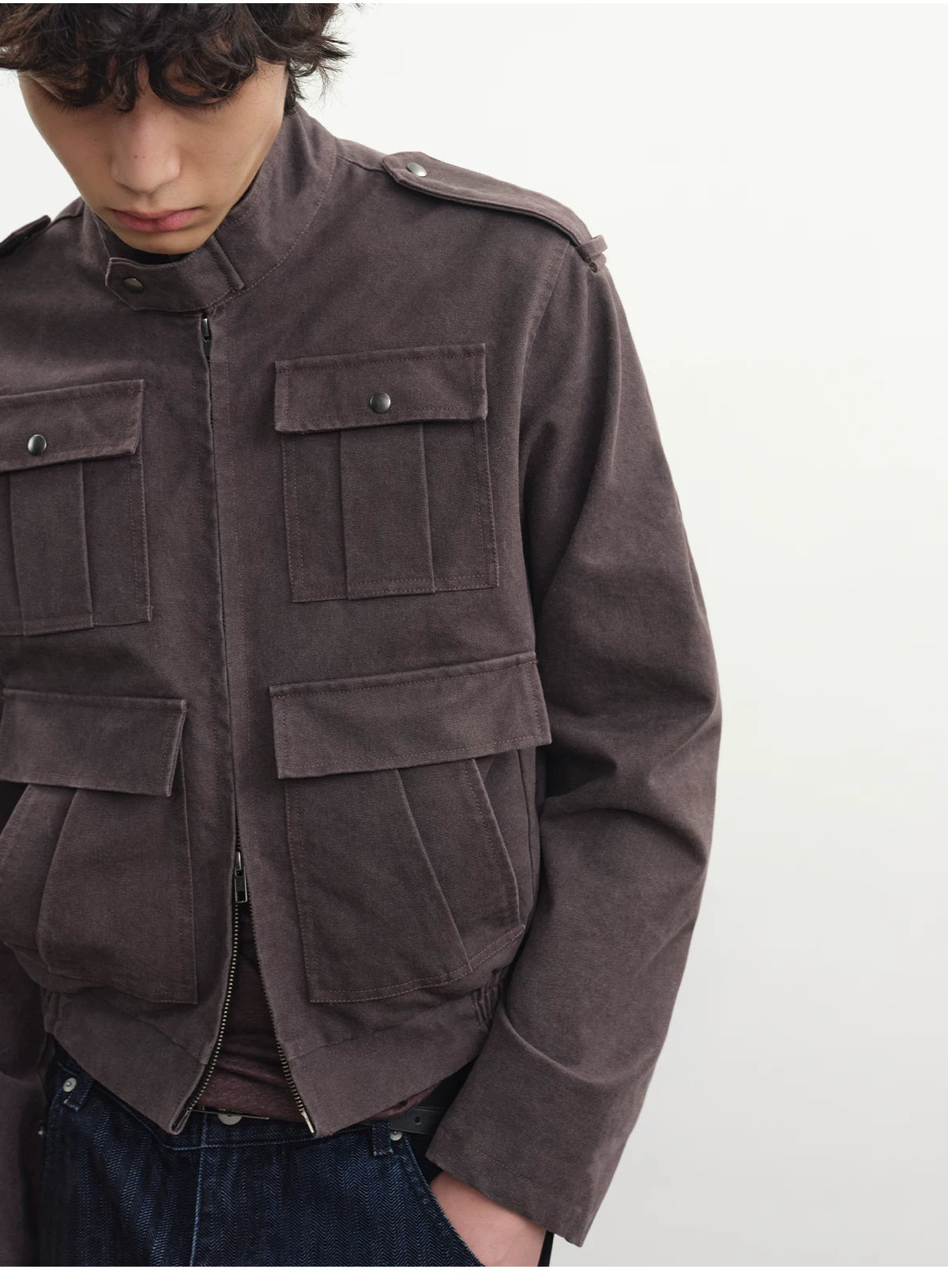 Frost Purple Washed-Brushed Multi-pocket Work Jacket