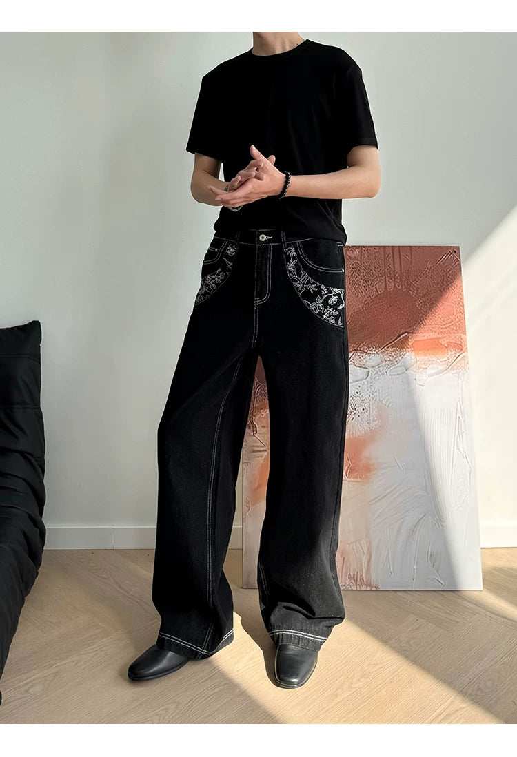 Heavyweight Floral Embroidered A-Line Denim Jeans