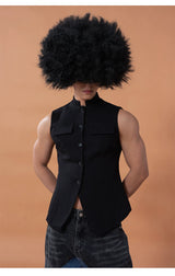 Black Slim Stand Collar Chinese Vest