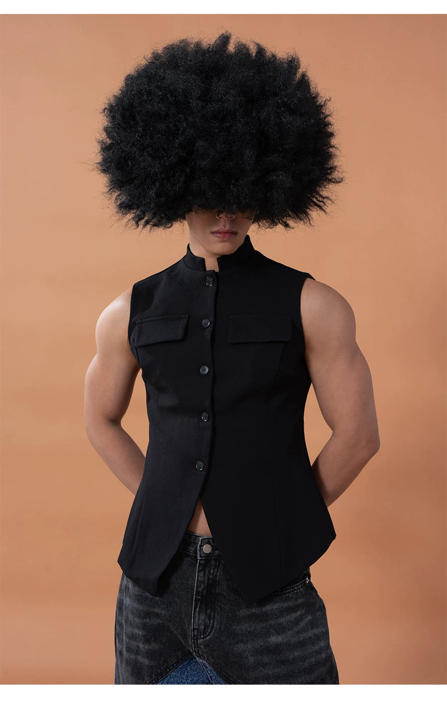 Black Slim Stand Collar Chinese Vest