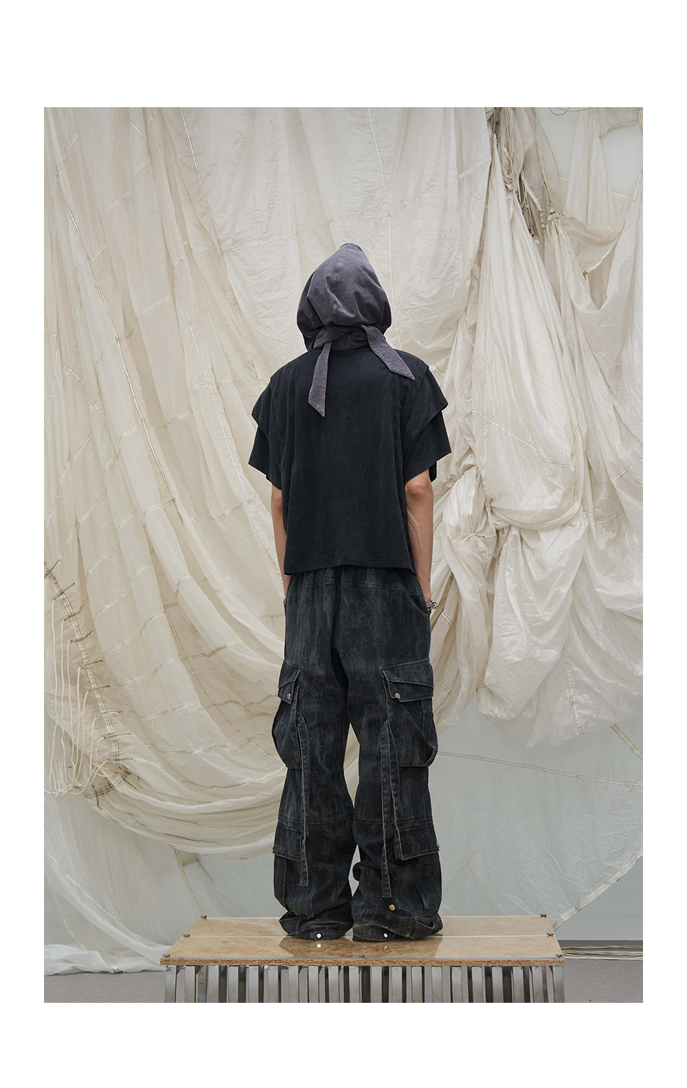Washed Pleated Adjustable Strap Parachute Pants