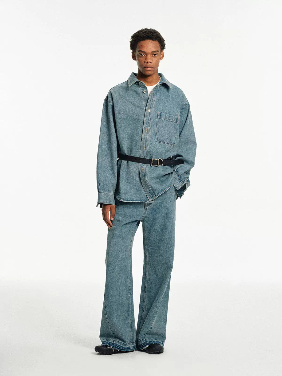 Relaxed Square Collar Distressed Denim Shirt