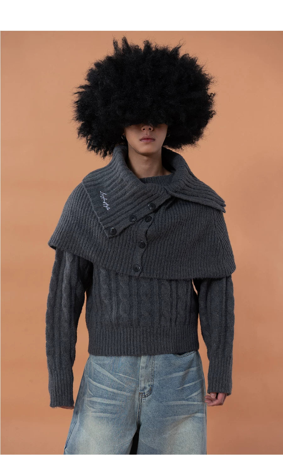 Unisex Detachable Grey Knit Cardigan Scarf