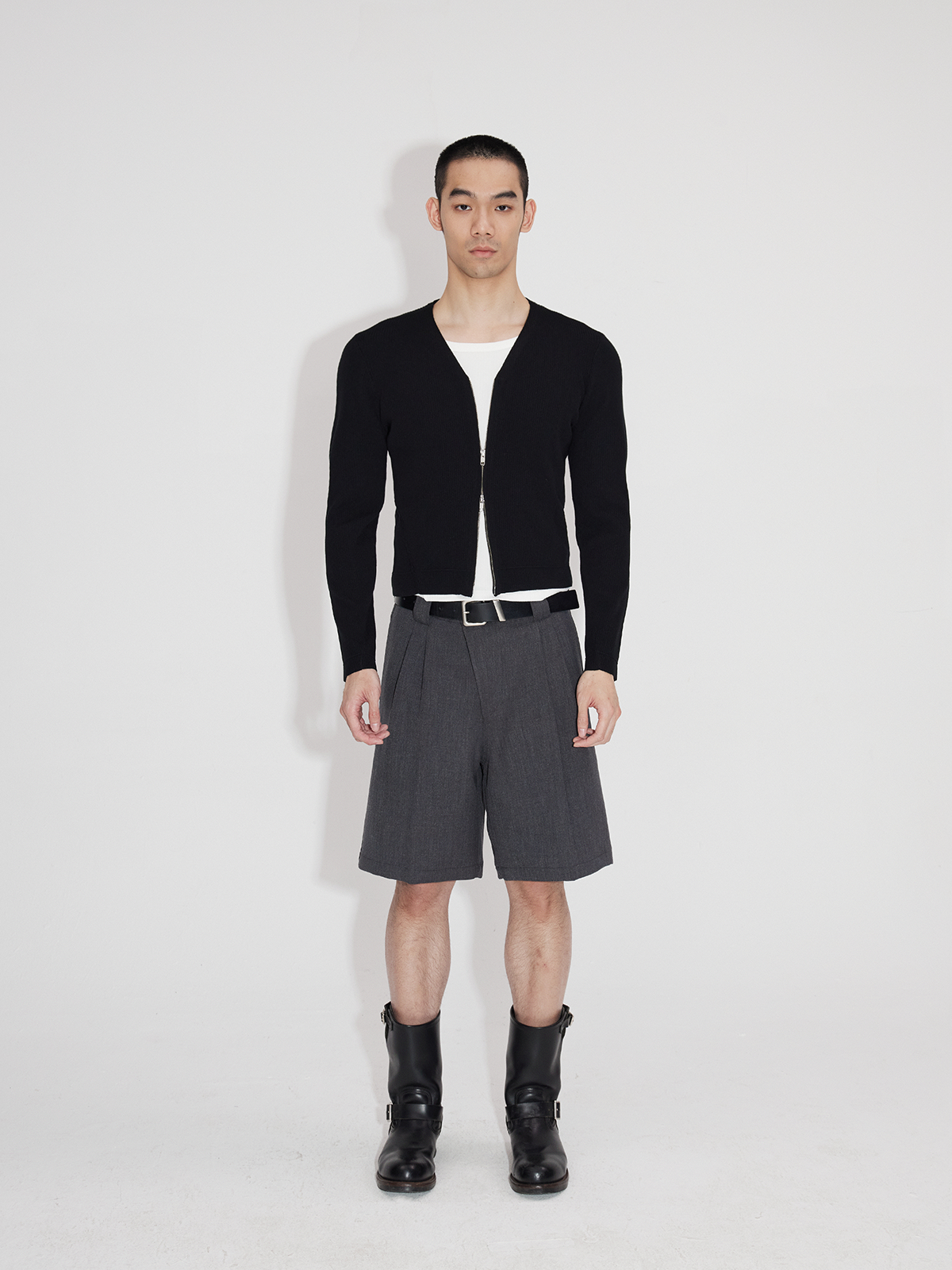 Asymmetric Placket Wool Feel Bermuda Shorts