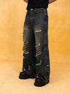 Men's Dark Distressed Slit Wide Jeans