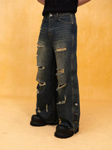 Men's Dark Distressed Slit Wide Jeans