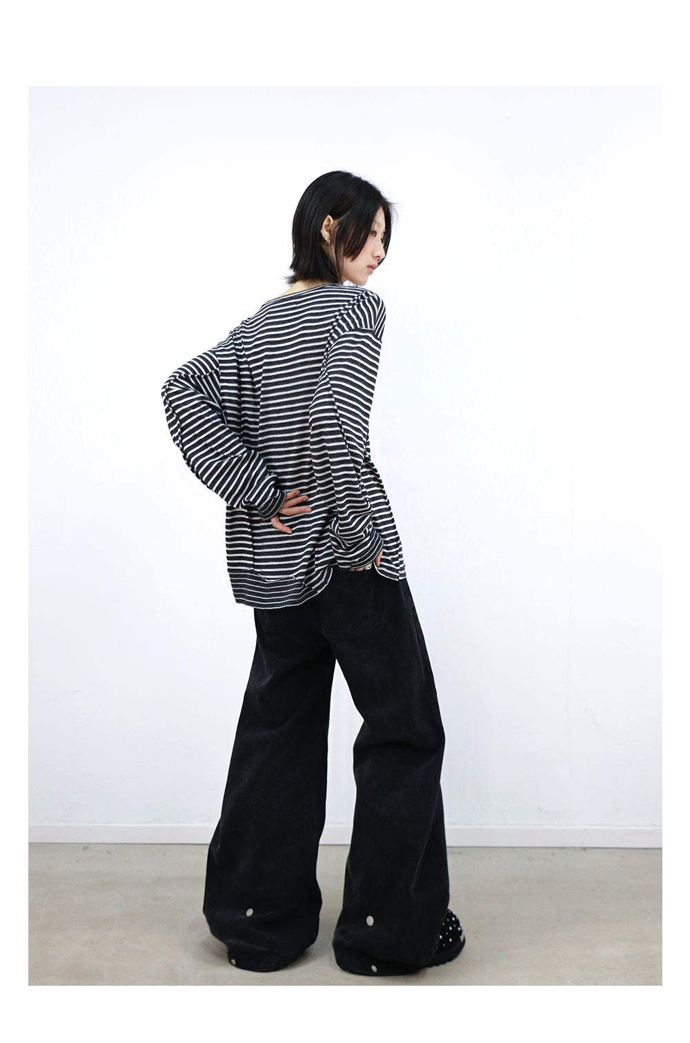 Striped Cutout Neck Long Sleeve Tee