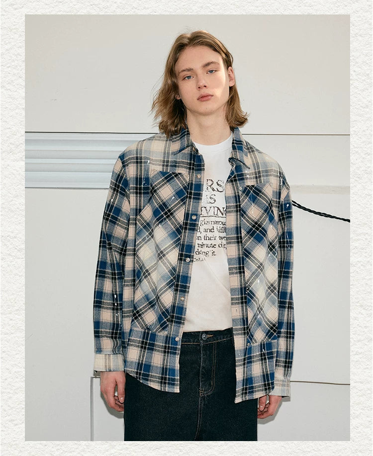 Men's Long Sleeve Splatter Plaid Shirt