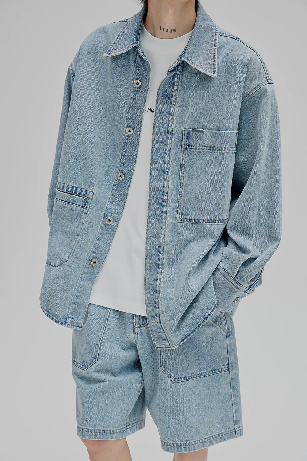14Oz Washed Denim Asymmetric-Pocket Shirt Jacket