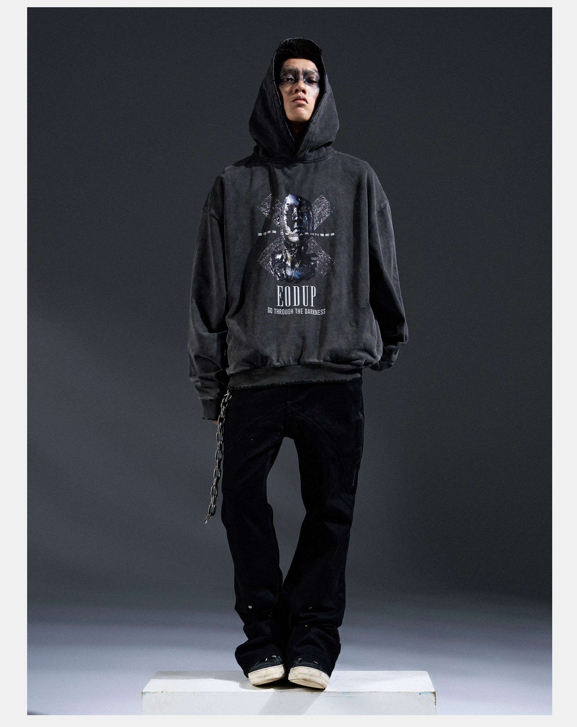 Loose Distressed Dark Metallic Print Sweatshirt