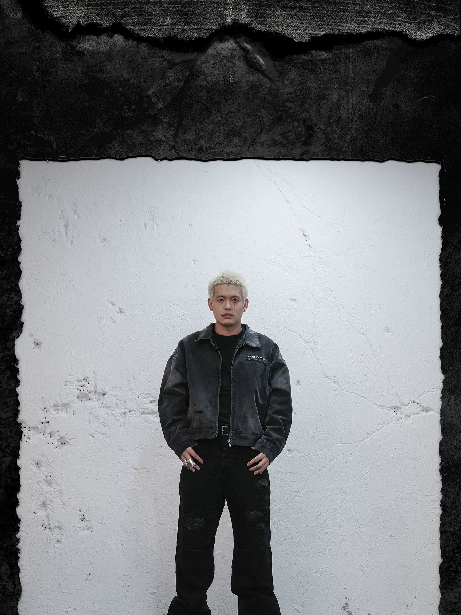 Washed Distressed Printed Gradient Detroit Jacket