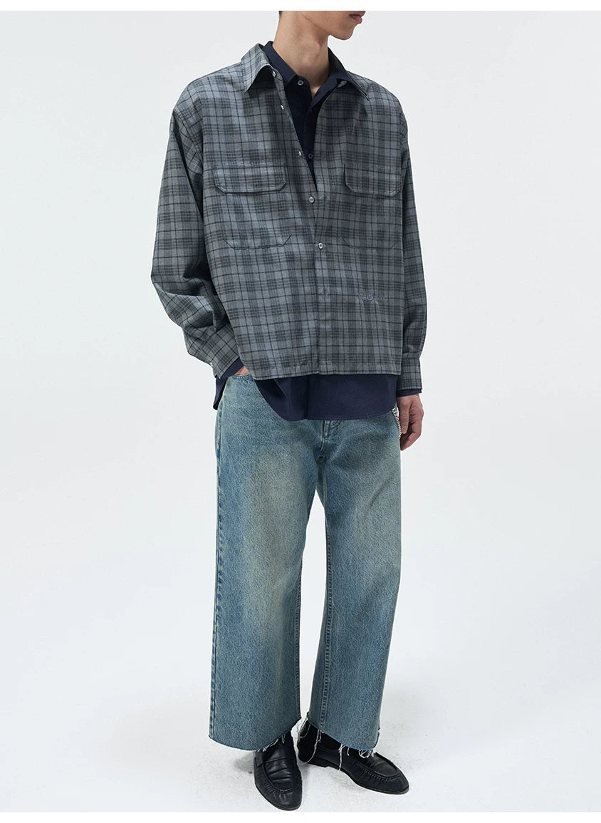 Short Color Block Plaid Cargo Shirt