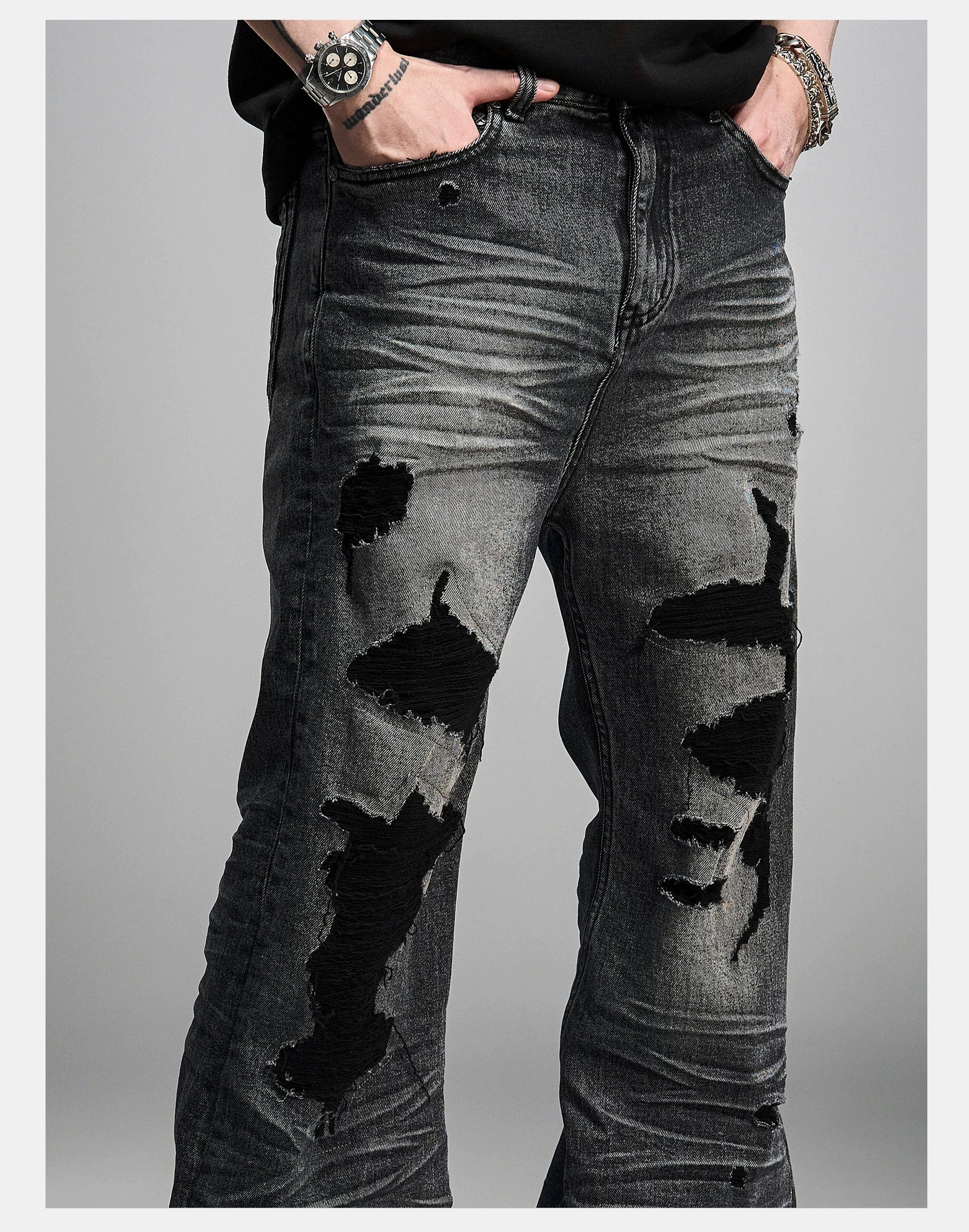 Distressed Gray Wash Relaxed Curved Jeans