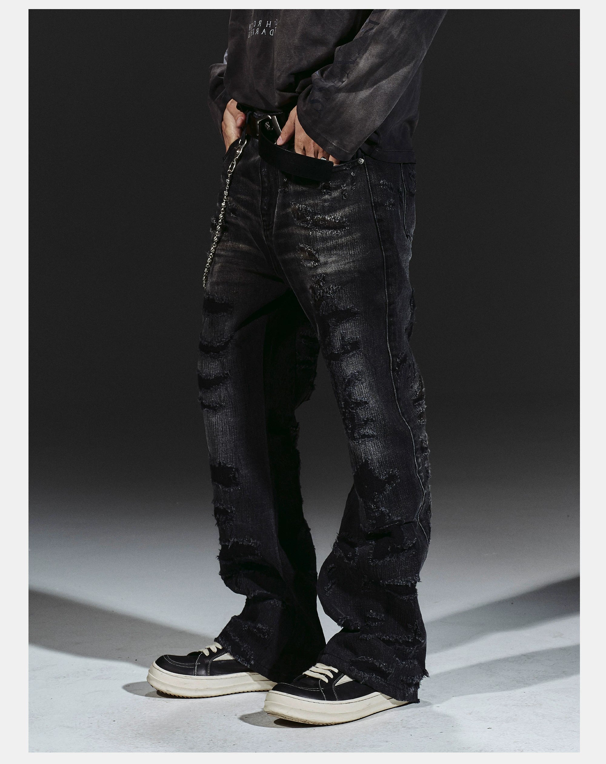 Flared Washed Distressed Patchwork Jeans