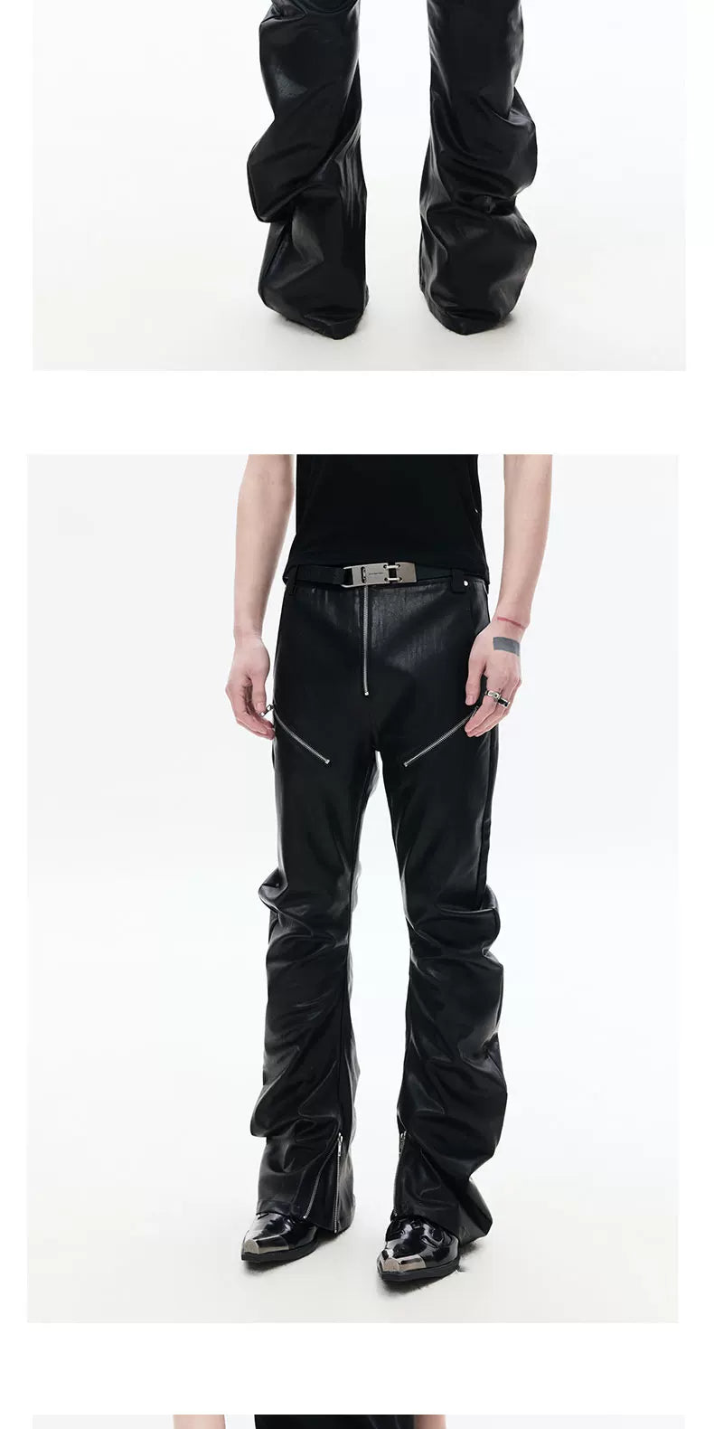 Slim Curved Leather Pants with Zippers
