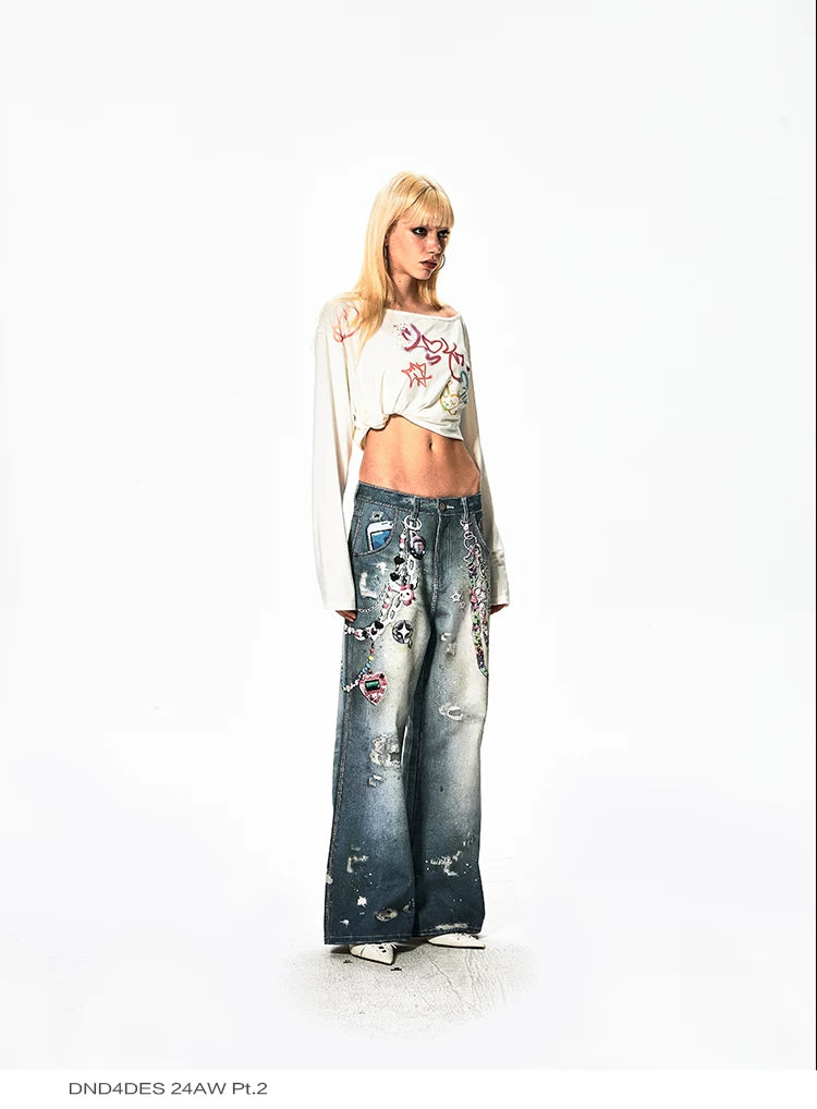 Y2K Cartoon-Printed Chain Wide-Leg Jeans