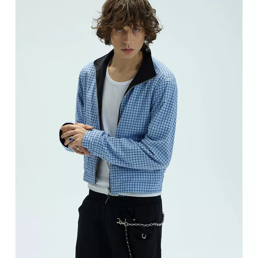 Reversible Plaid Embroidered Zip-front Fleece Jacket