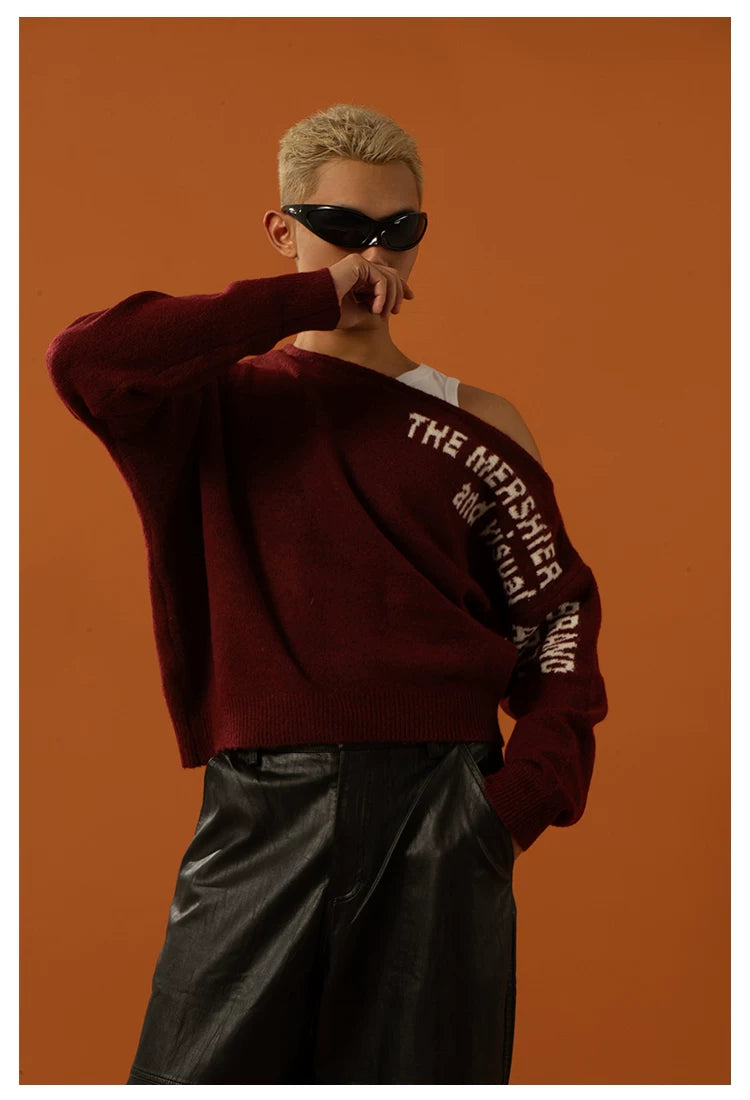 Unisex Black Red Grey Off-shoulder Sweater