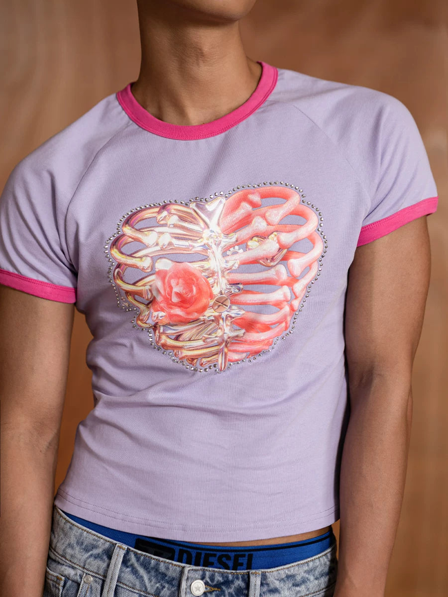 Slim Purple Heart Skeleton Rhinestone Tee