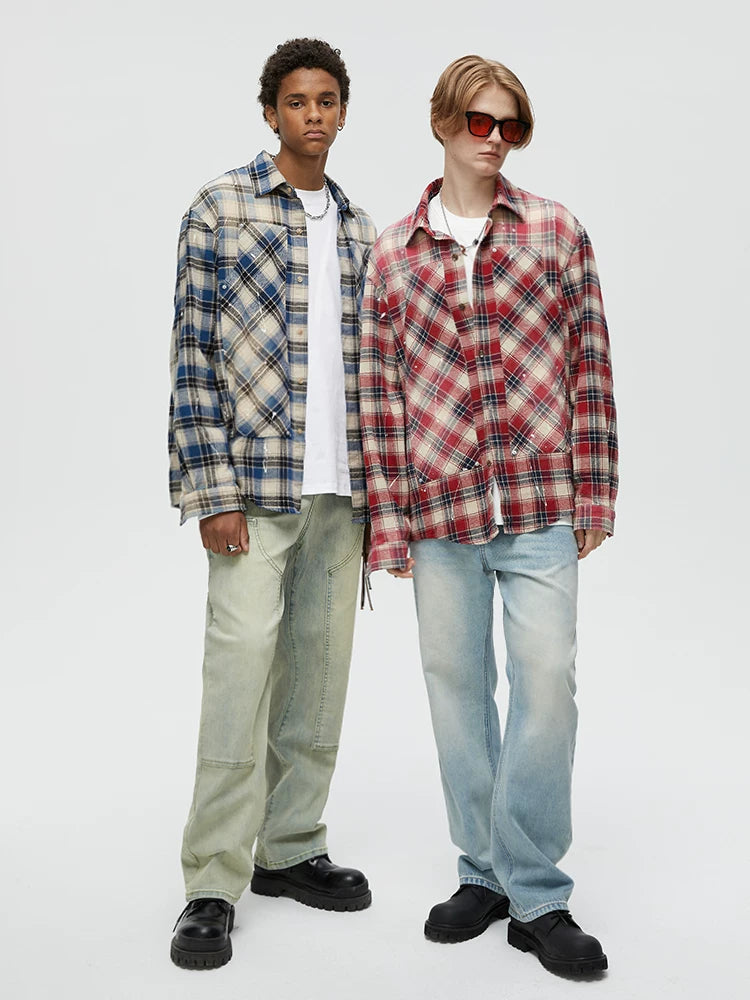 Men's Long Sleeve Splatter Plaid Shirt