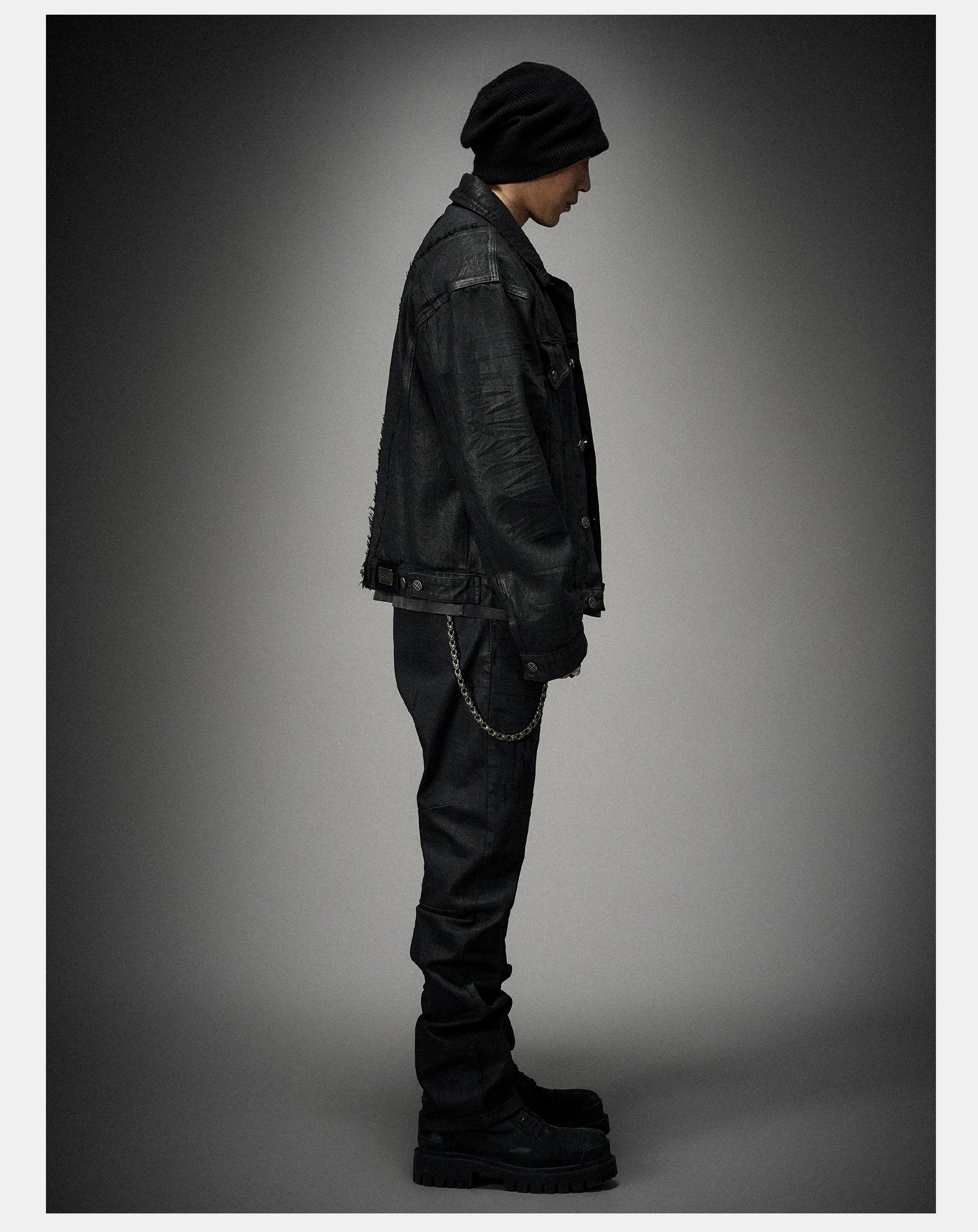 Dark Distressed Patchwork Relaxed Denim Jacket