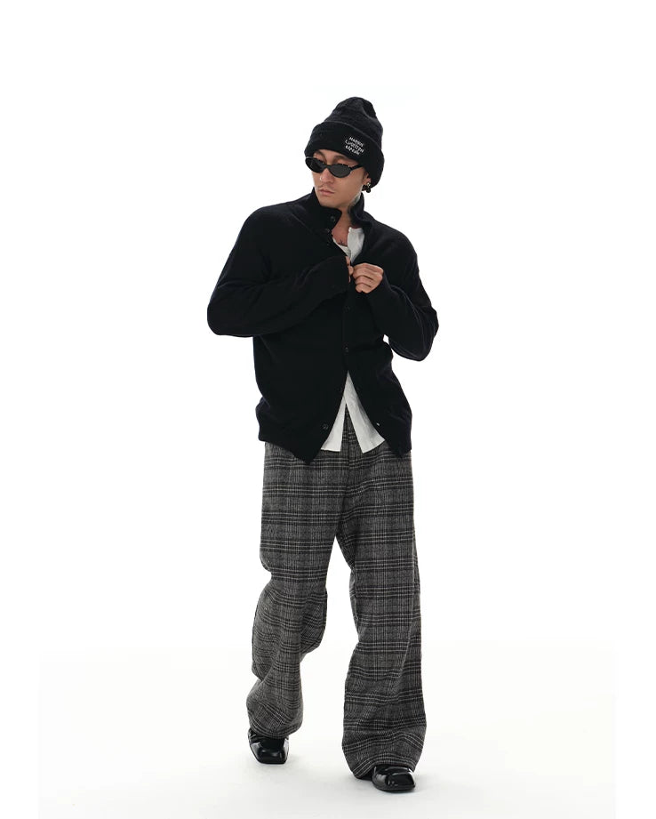 Black Grey Plaid Wool Pants