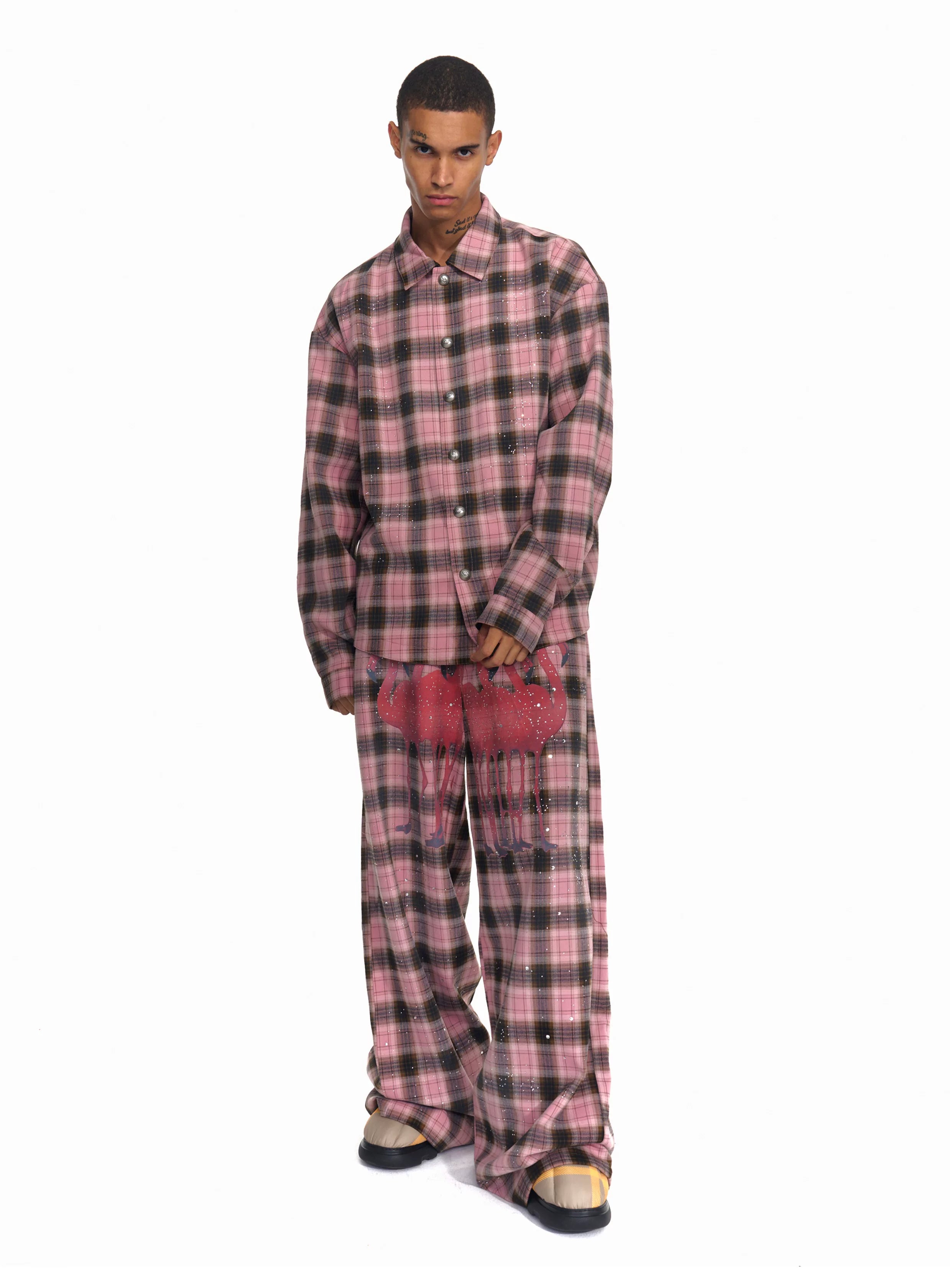Men's Pink Plaid Flamingo Rhinestone Jacket