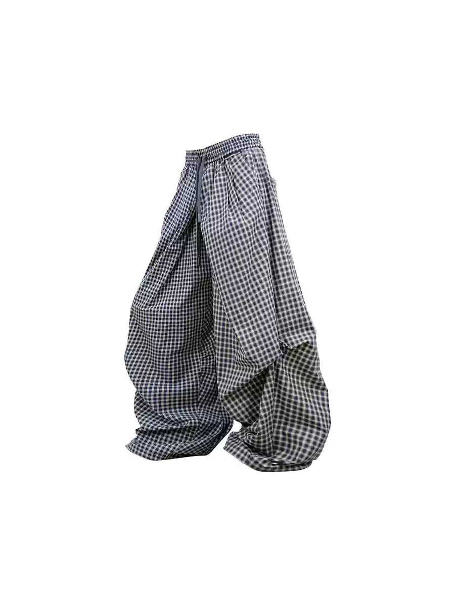 Asymmetric Cross Plaid Pleated Casual Pants