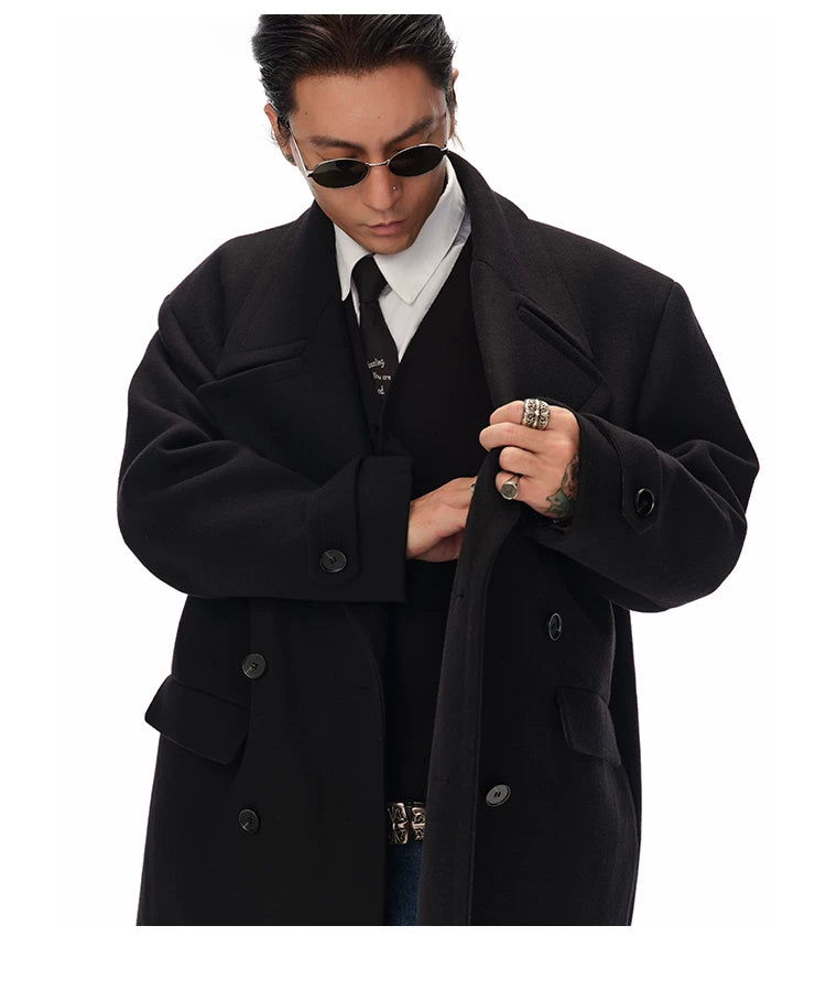 Men's Long Black Double-breasted Wool Coat