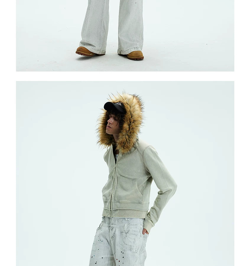 Washed Detachable Fur Zip Hoodie