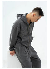 Gray Khaki Corduroy Embroidered Striped Zip-Hoodie