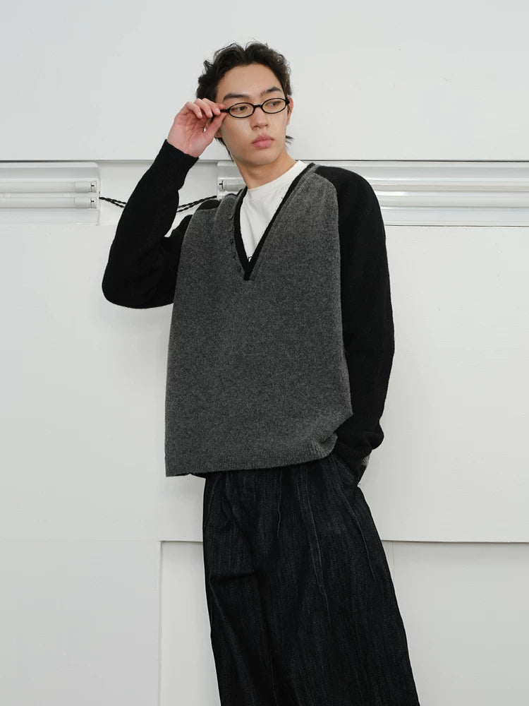 Men's Loose Colorblock V-neck Wool Sweater