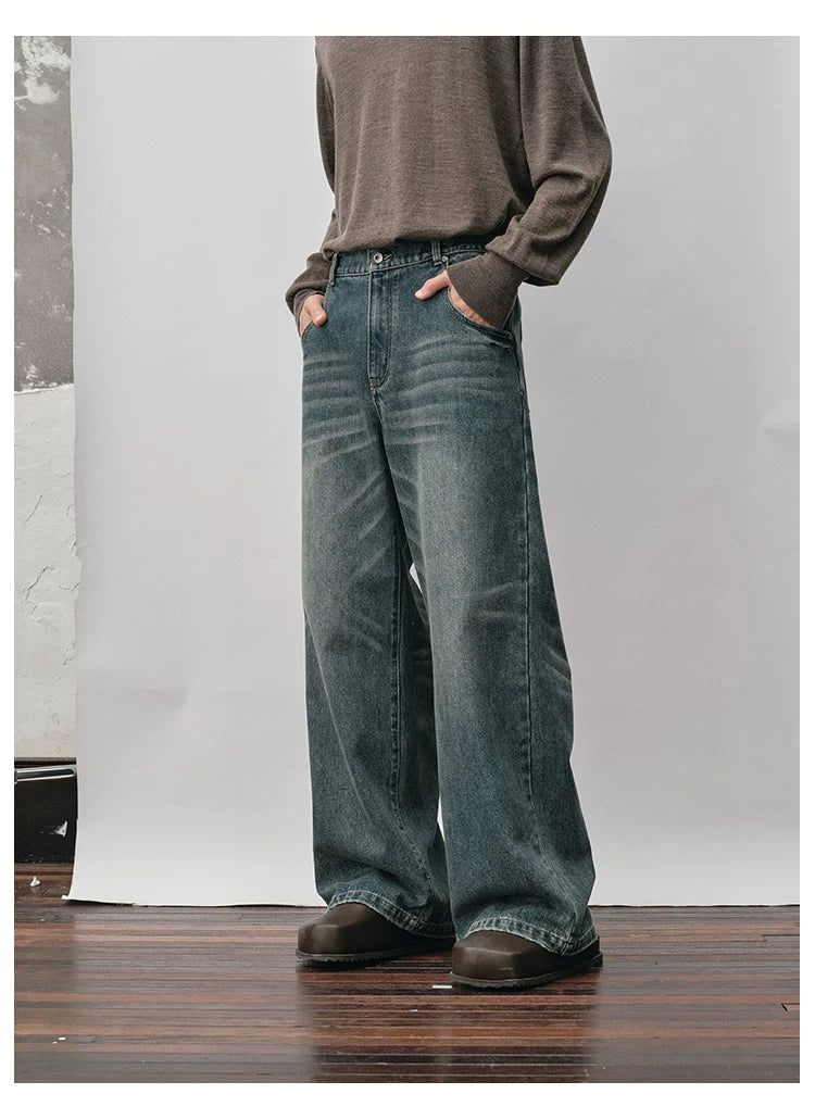 Distressed Whiskered Straight Leg Jeans