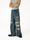 Men's Blue Distressed Riveted Straight Jeans