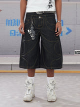 Bat Embroidered Double Waist Denim Shorts