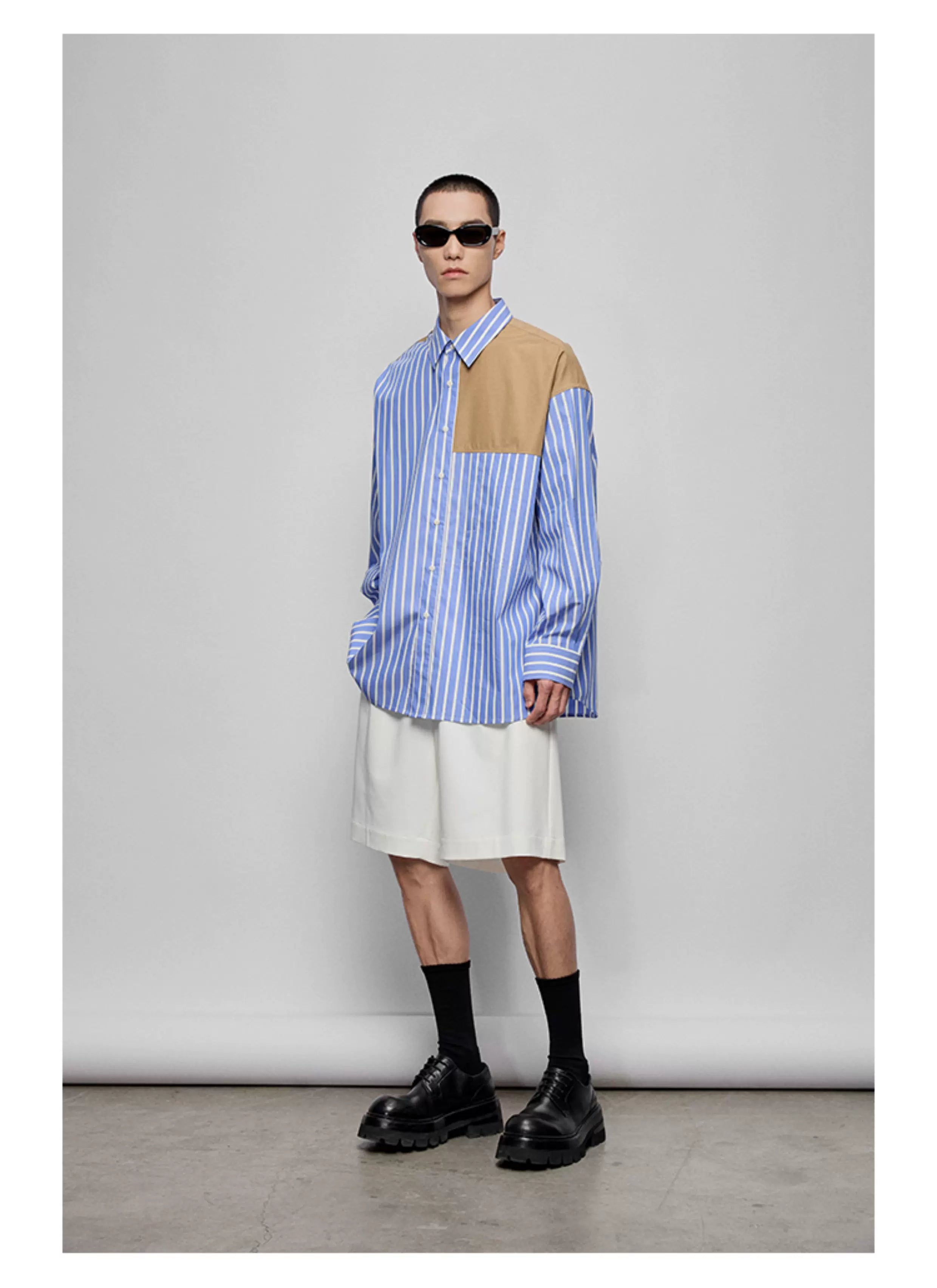 Color-block Striped Cotton Pocket Shirt