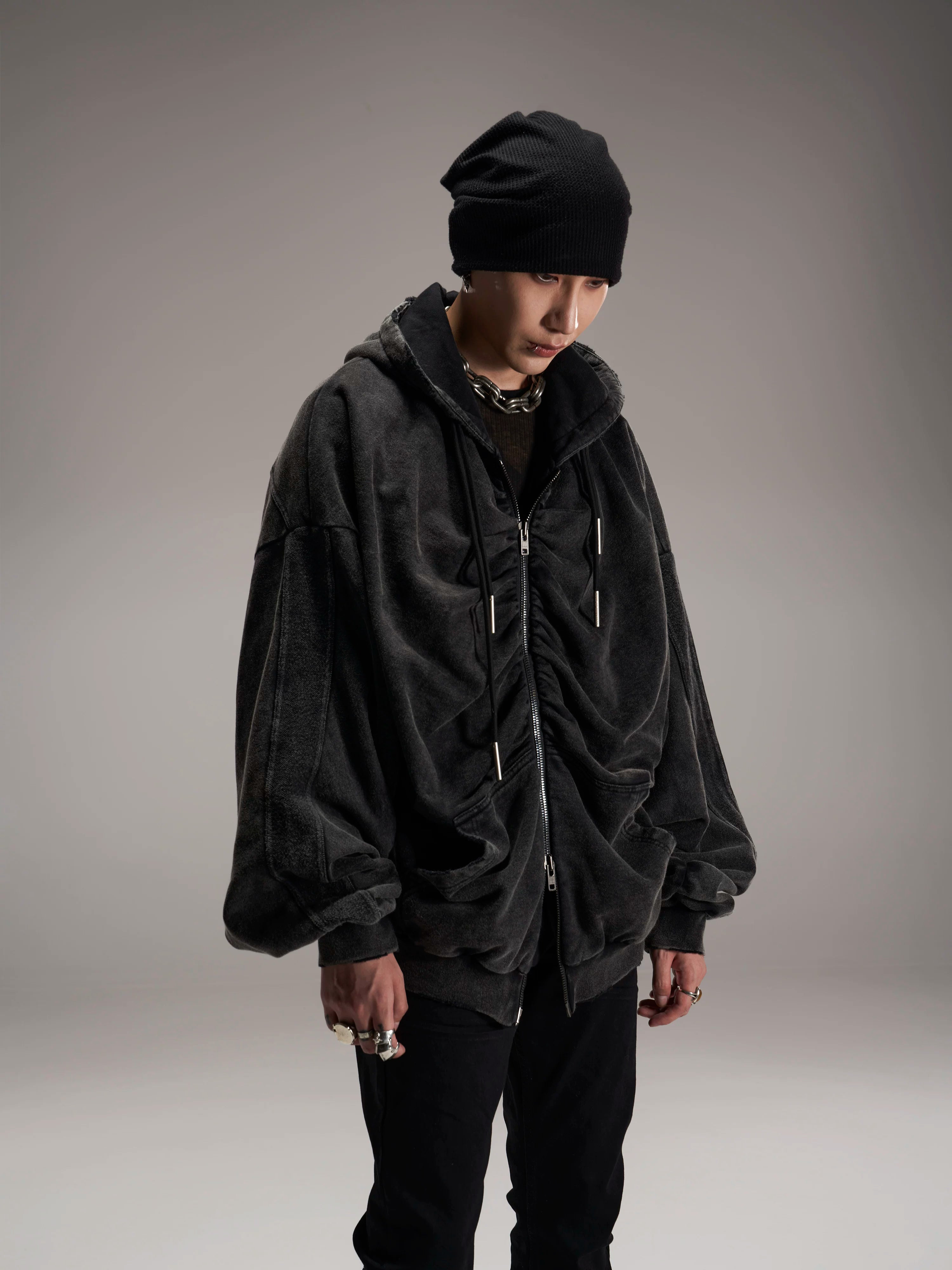 Black Loose Patchwork Zip Hoodie