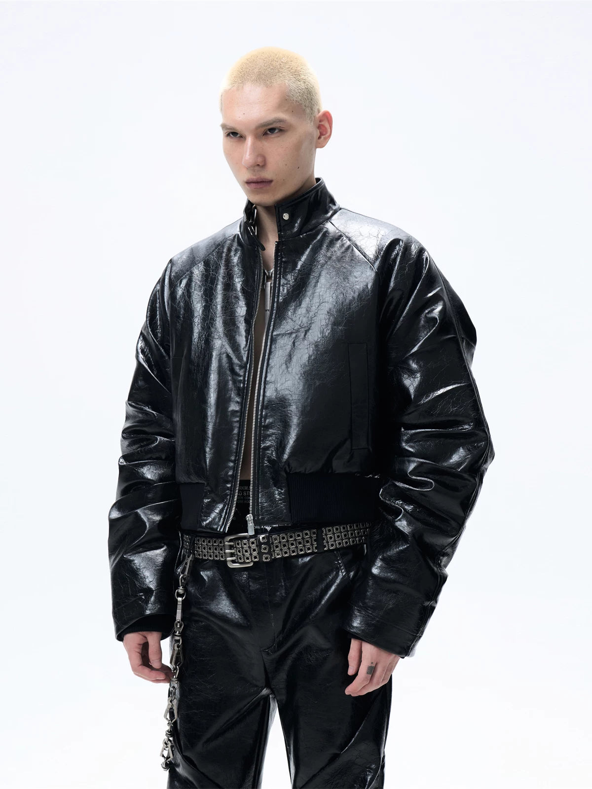 Cropped Glossy Pleated Leather Puffer Coat