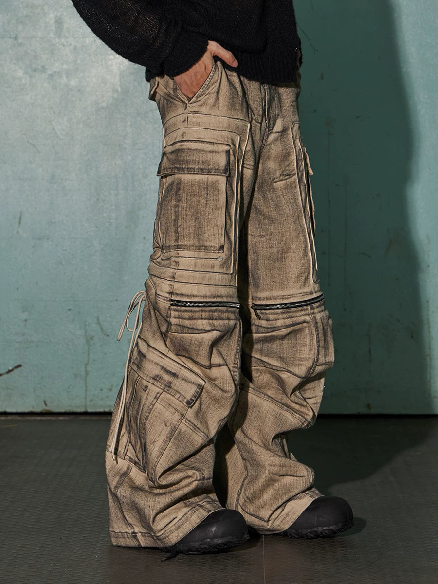 Distressed Drawstring Flare Cargo Pants