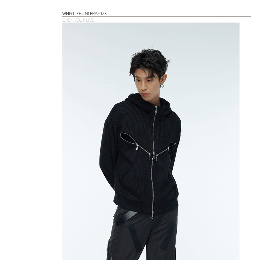 Two-Tone Cross Zip Hooded Turtleneck Cardigan