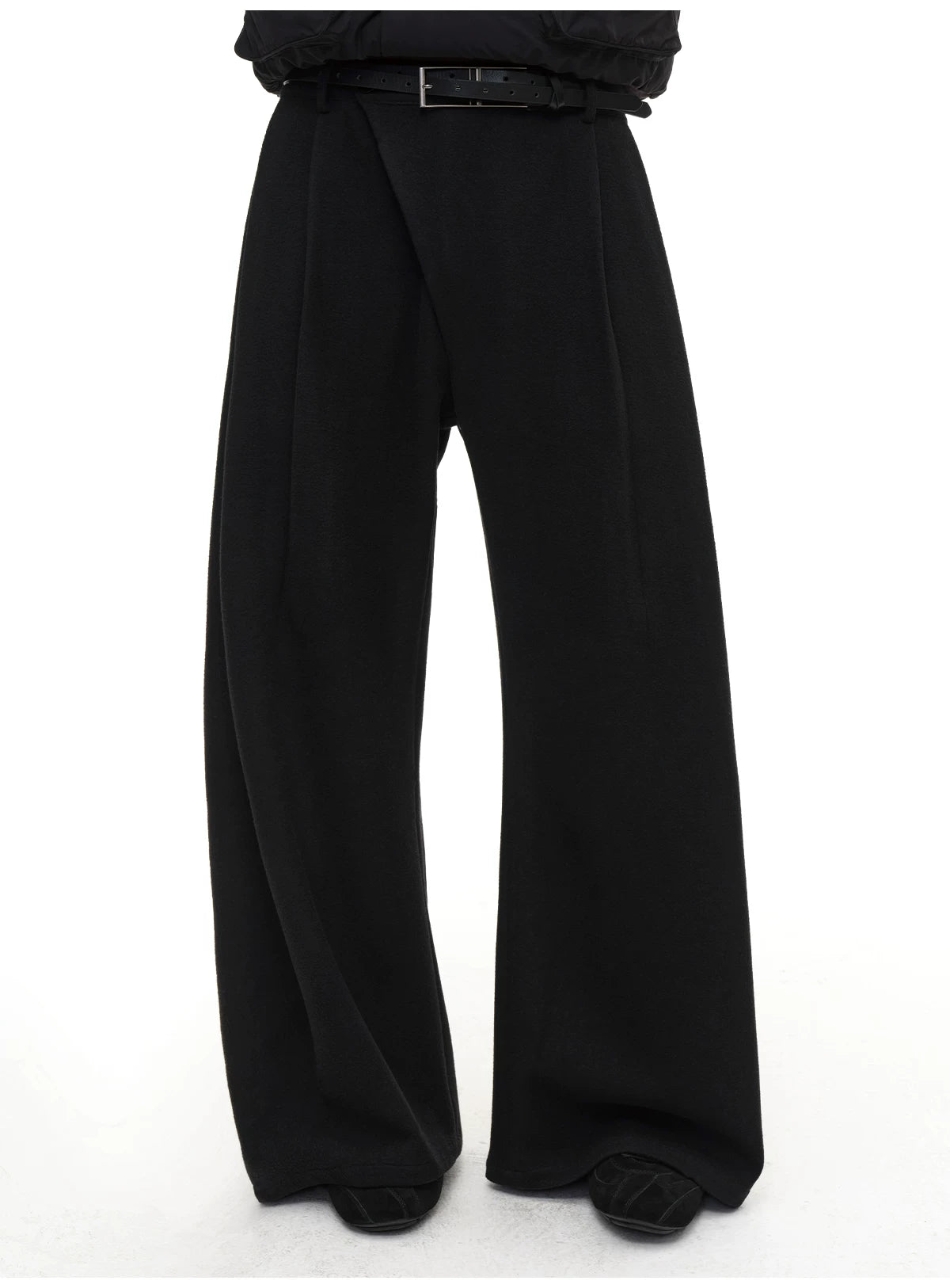 Slightly Curved Asymmetric Pleated Wool Pants