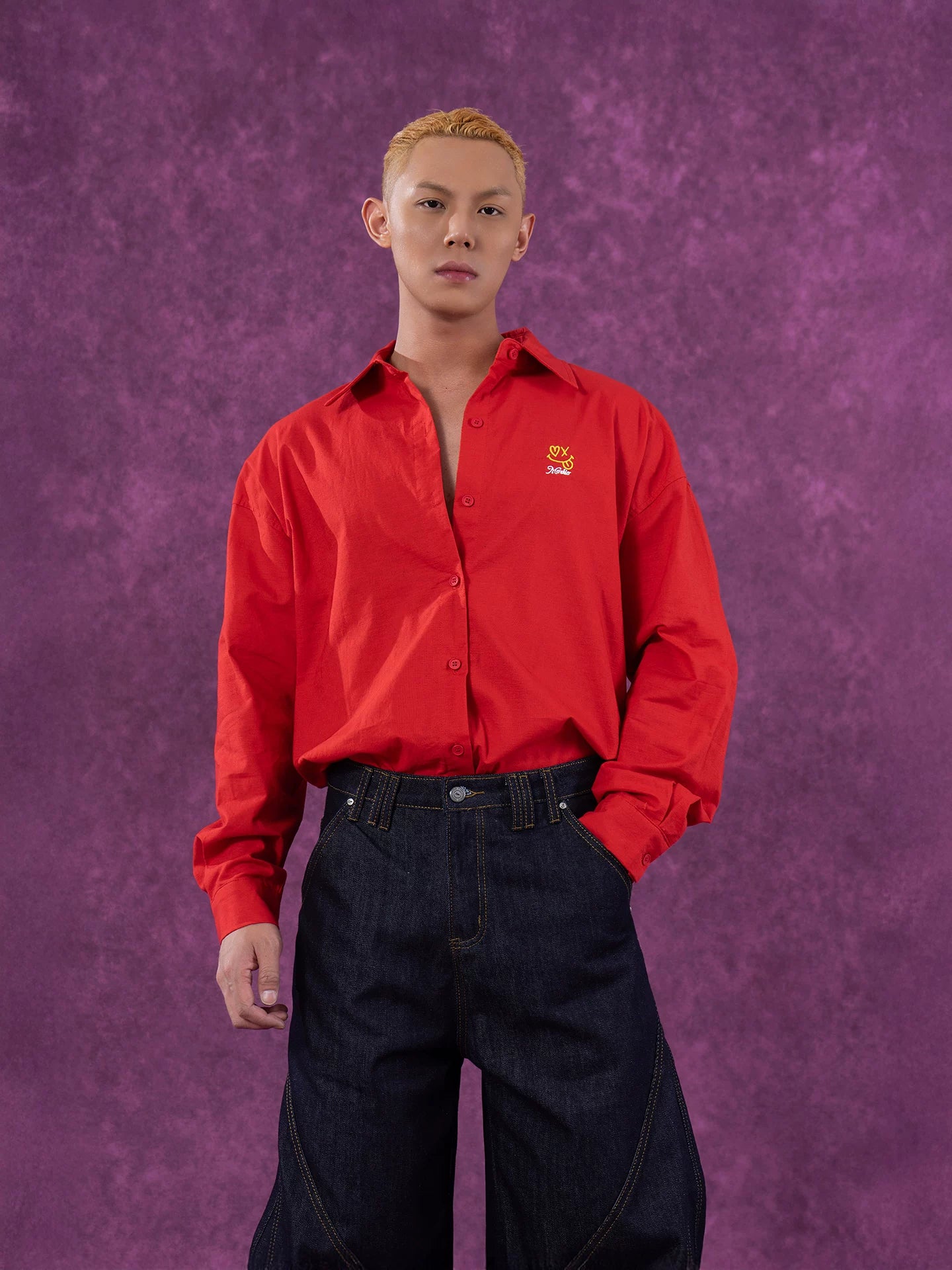 Red Oversized Collared Long Sleeve Shirt