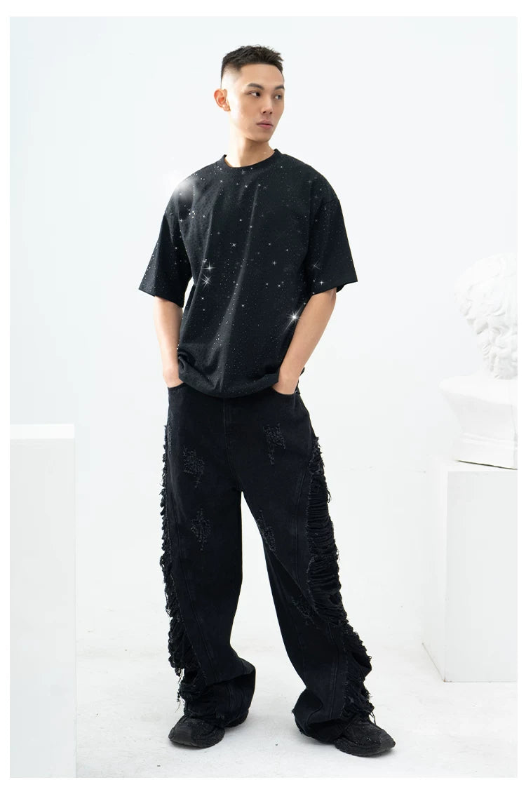 Unisex Black Loose Rhinestone Short-Sleeve Tee