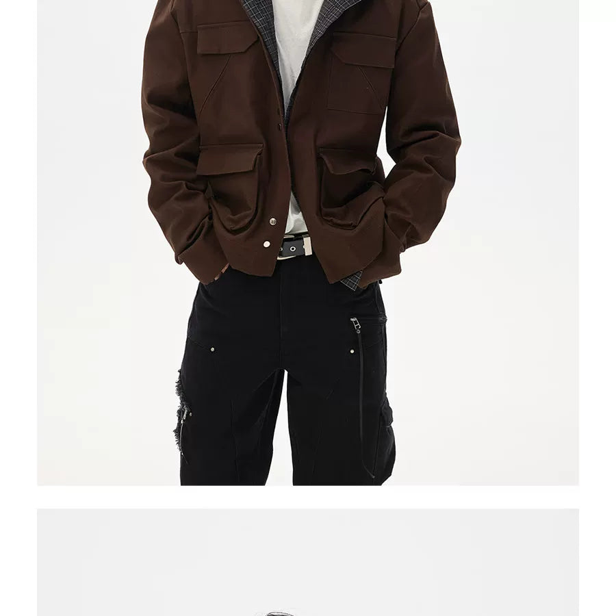 Two-Tone Cropped Lace Pocket Magnetic Jacket