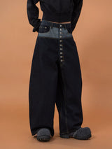 Men's Blue Patchwork Button Cargo Jeans