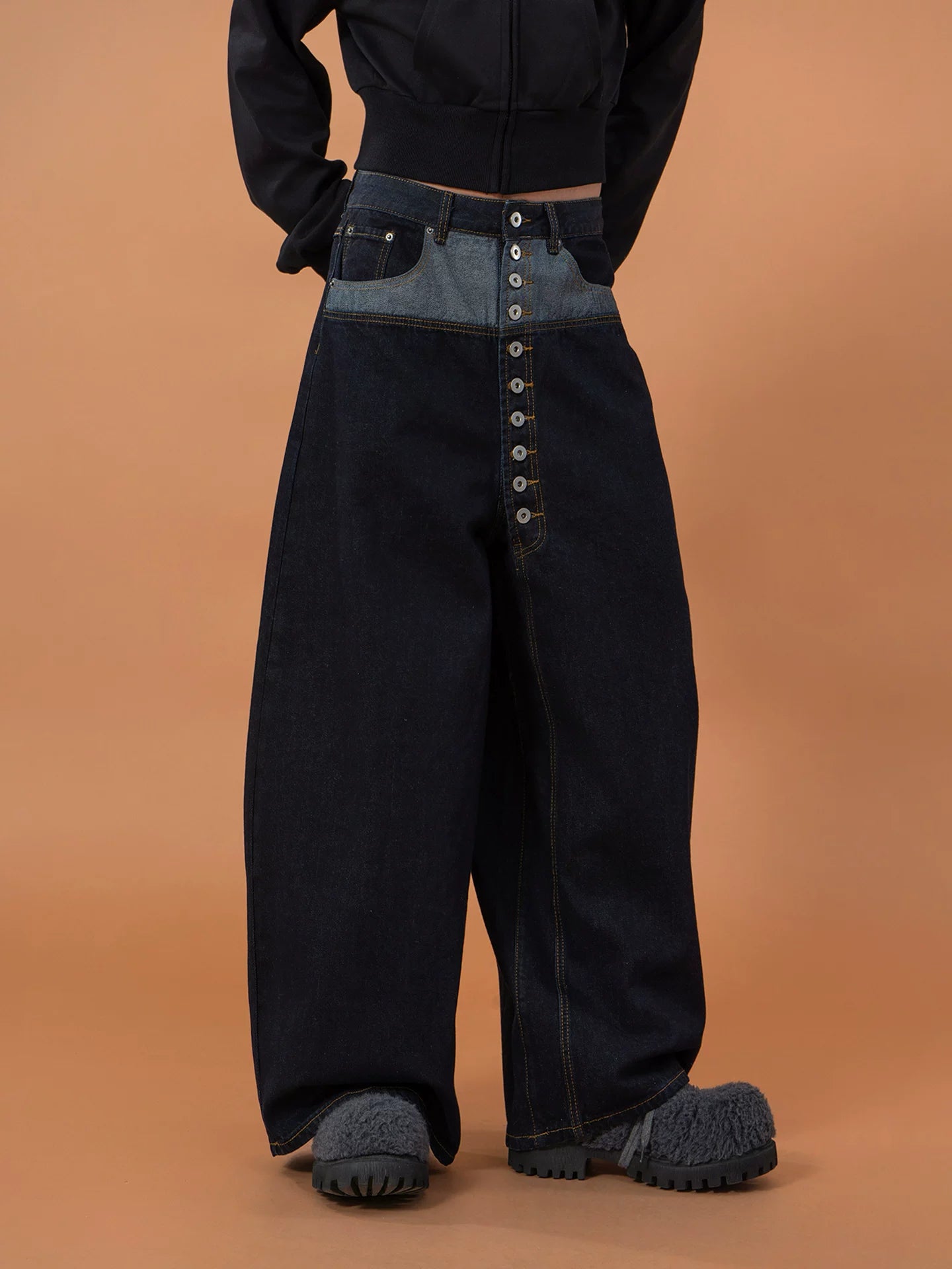 Men's Blue Patchwork Button Cargo Jeans