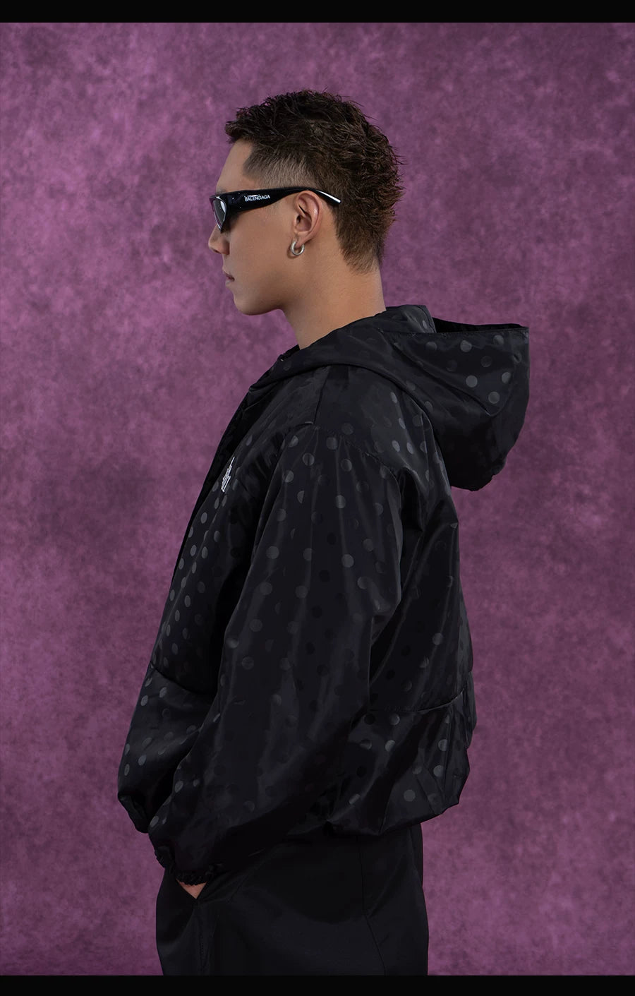 Black Polka Dot Hooded Windproof Jacket