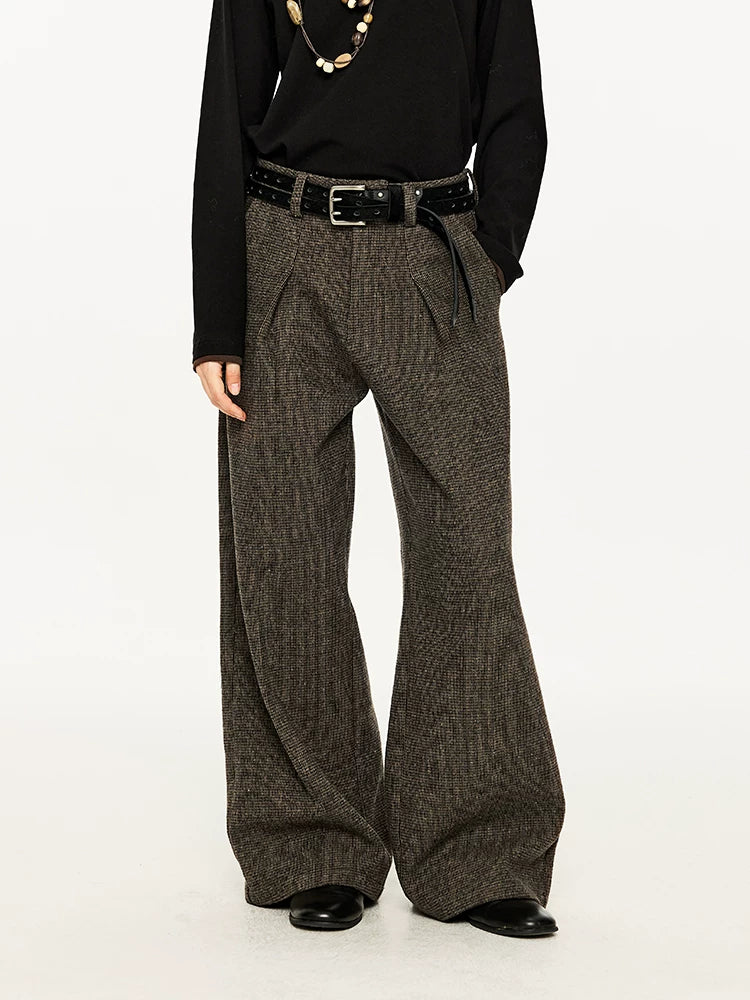 Wide Leg Pleated Wool Houndstooth Pants