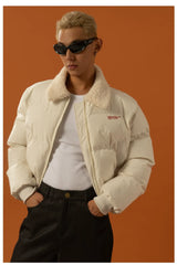 Cropped Collared Faux Shearling Puffer Coat